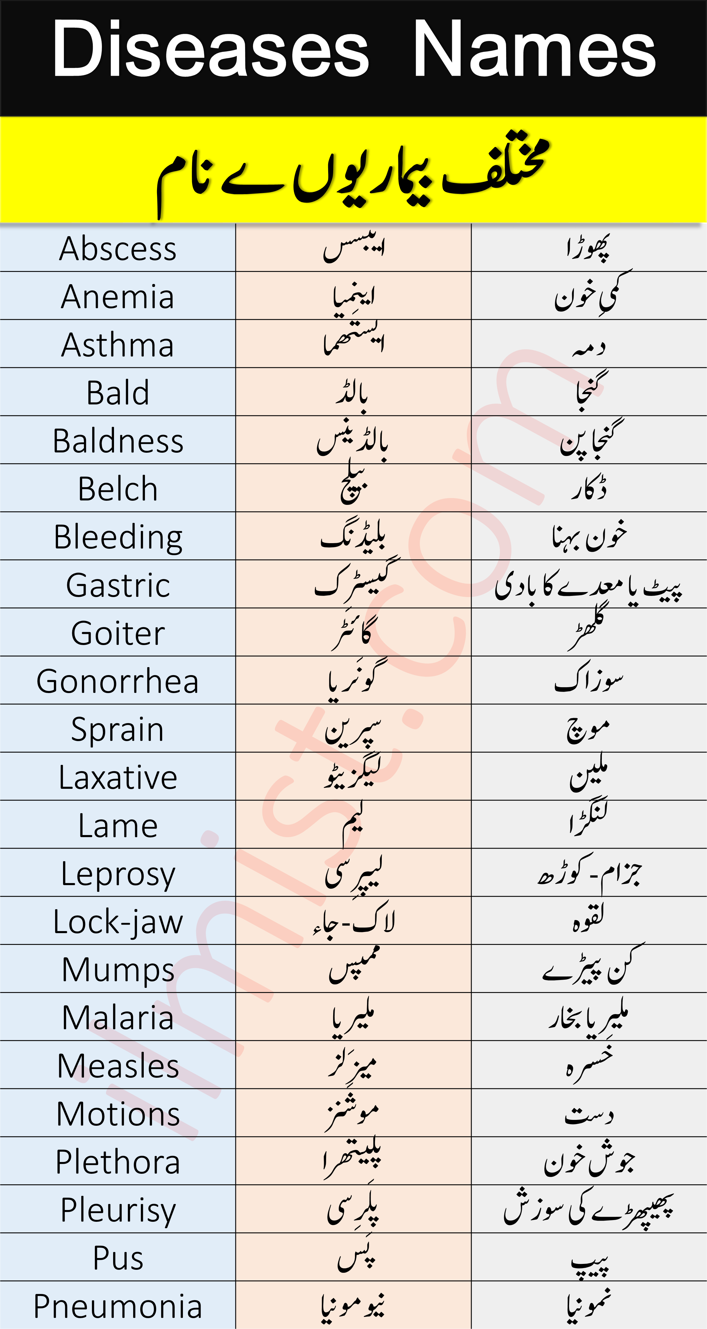 List of Common Diseases Names with Urdu Meanings