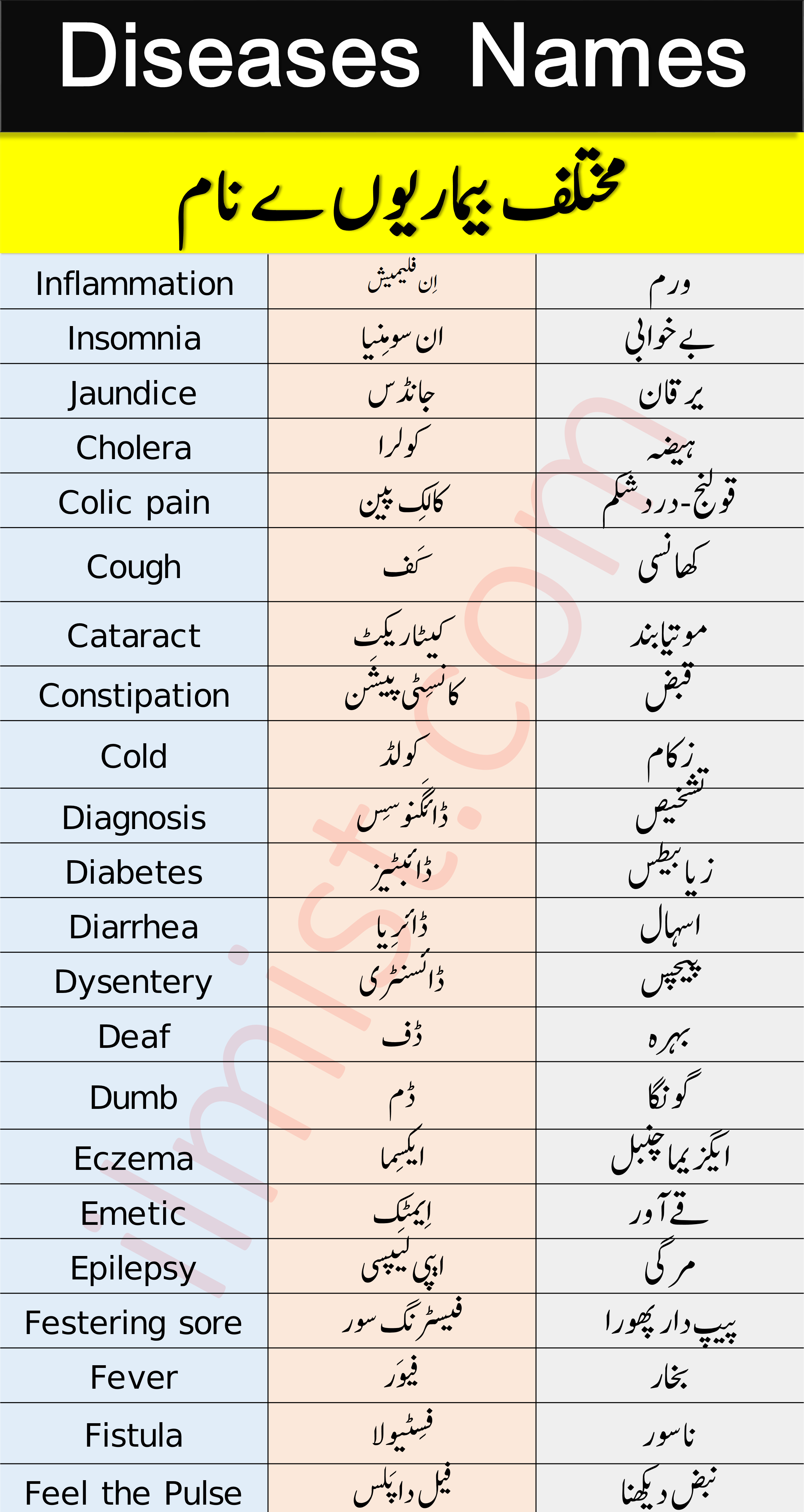 Most Common Diseases Names with Urdu Meanings 