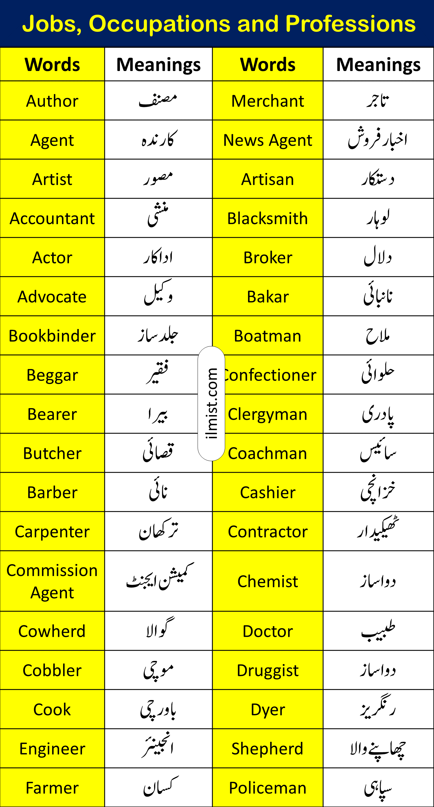 Jobs, Occupations and Professions Vocabulary Words In English To Urdu