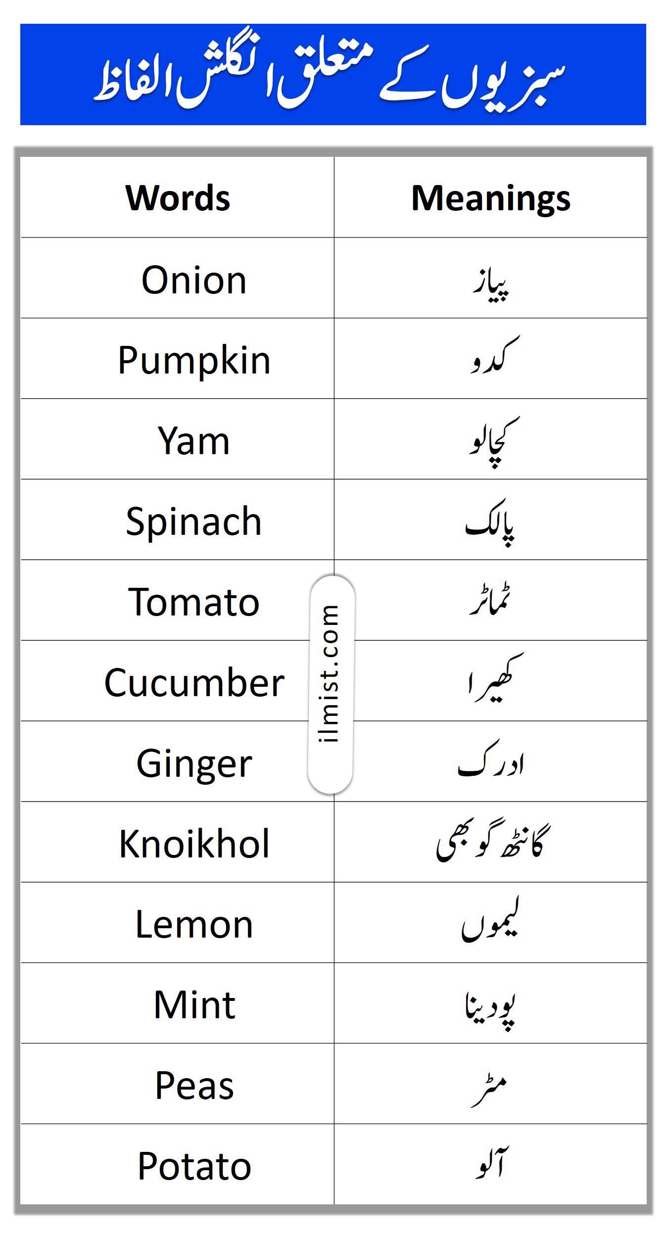 A To Z Vegetables Vocabulary In English With Urdu Meanings