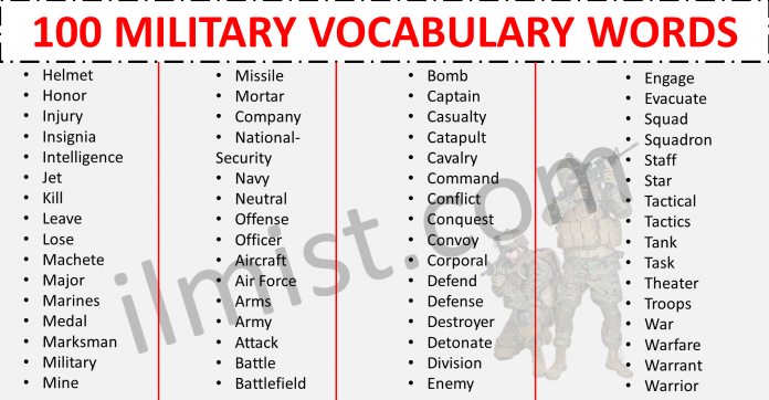 This lesson will help you to learn about the Military Vocabulary words in English. In this lesson, we've added 100+ Words that are commonly used in the Military.